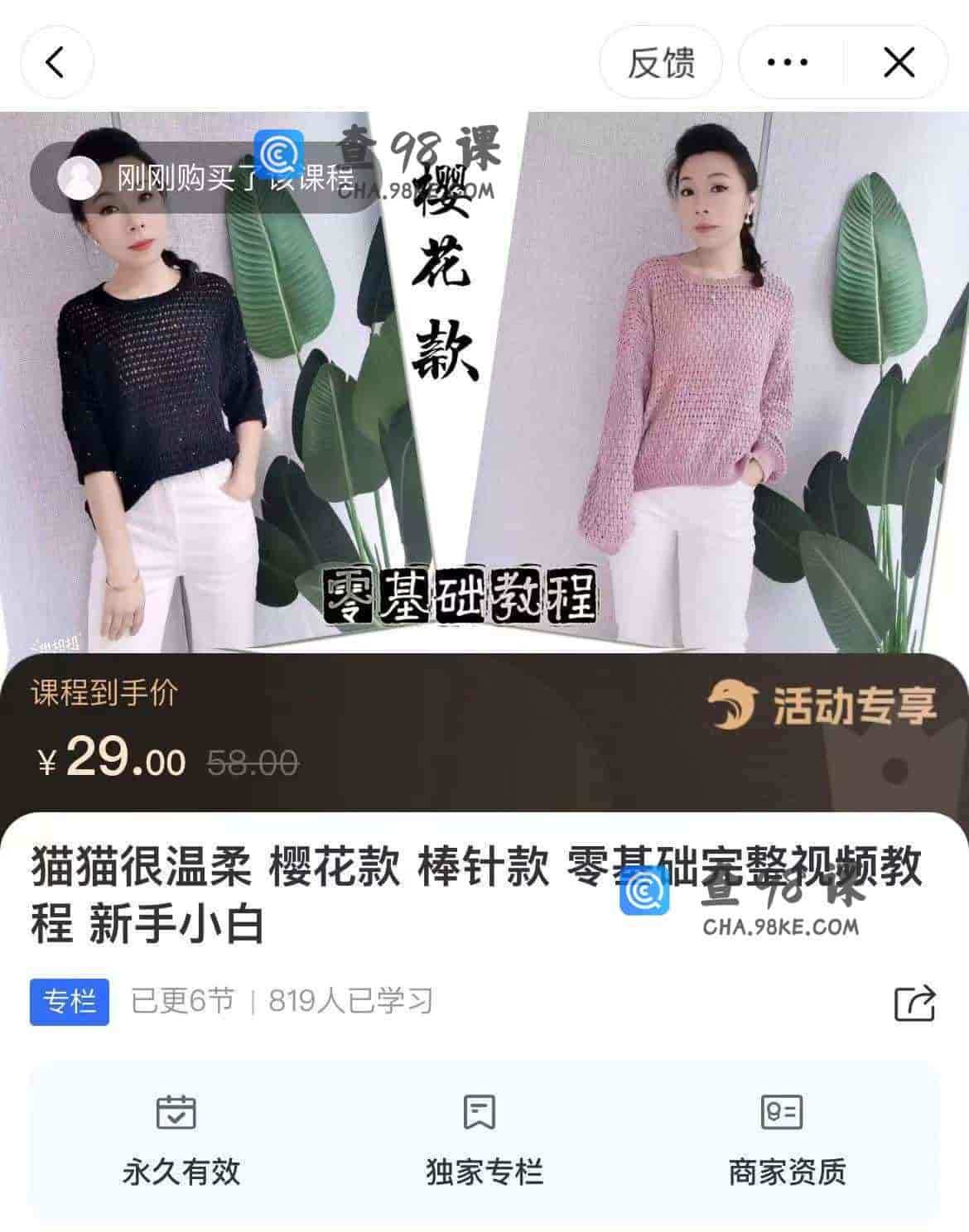 11293  猫猫很温柔 樱花款 棒针款 零基础完整视频教程 新手小白