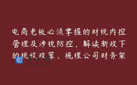 电商老板必须掌握的财税内控管理及涉税防控，解读新政下的税收政策，梳理公司财务架构
