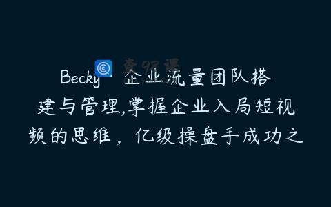 Becky·企业流量团队搭建与管理,掌握企业入局短视频的思维，亿级操盘手成功之路