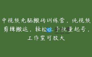 中视频无脑搬砖训练营,纯视频剪辑搬运,轻松上手批量起号,工作室可放大