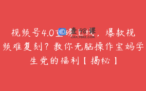 视频号4.0重磅上线，爆款视频难复刻？教你无脑操作宝妈学生党的福利【揭秘】