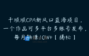千顺顺CPA新风口蓝海项目，一个作品可多平台多账号发布，每月躺赚10W+【揭秘】