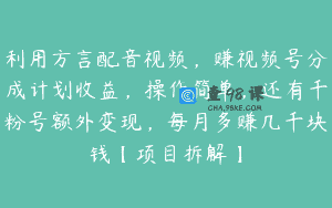 利用方言配音视频，赚视频号分成计划收益，操作简单，还有千粉号额外变现，每月多赚几千块钱【项目拆解】