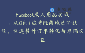 Facebook成人用品实战：从0到1运营Fb商城进阶技能，快速提升订单转化与店铺收益