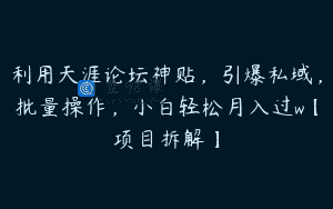 利用天涯论坛神贴，引爆私域，批量操作，小白轻松月入过w【项目拆解】