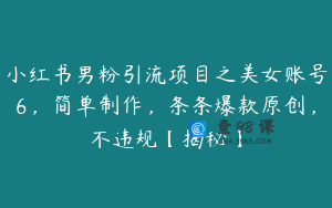 小红书男粉引流项目之美女账号6，简单制作，条条爆款原创，不违规【揭秘】