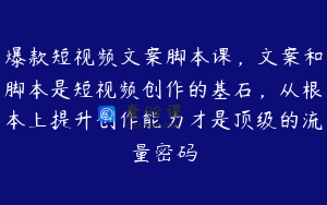 爆款短视频文案脚本课，文案和脚本是短视频创作的基石，从根本上提升创作能力才是顶级的流量密码
