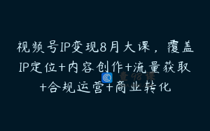 视频号IP变现8月大课,覆盖IP定位+内容创作+流量获取+合规运营+商业转化