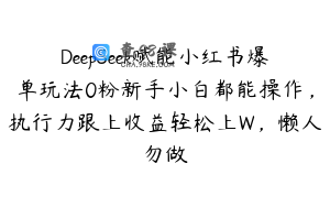 DeepSeek赋能小红书爆单玩法0粉新手小白都能操作，执行力跟上收益轻松上W，懒人勿做