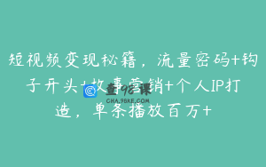 短视频变现秘籍，流量密码+钩子开头+故事营销+个人IP打造，单条播放百万+