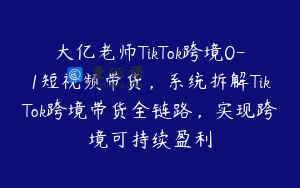 大亿老师TikTok跨境0-1短视频带货，系统拆解TikTok跨境带货全链路，实现跨境可持续盈利