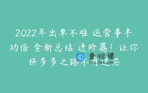 2022年出单不难 运营事半功倍 全新总结 进阶篇！让你拼多多之路不再迷茫