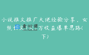 小说推文推广大佬经验分享，女频长文1天1万收益爆单思路(下)