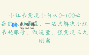 小红书变现小白从0-100必备的入门课程，一站式解决小红书起账号，做流量，强变现三大刚需