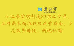小红书营销引流24招必学课，品牌商家精准投放运营指南，少花钱多赚钱，避坑秘籍!
