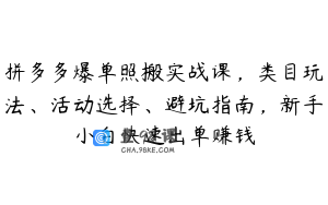 拼多多爆单照搬实战课，类目玩法、活动选择、避坑指南，新手小白快速出单赚钱
