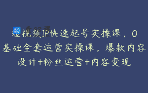 短视频IP快速起号实操课，0基础全套运营实操课，爆款内容设计+粉丝运营+内容变现