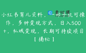 小红书育儿资料，一部手机可操作，多种变现方式，日入500+，私域变现，长期可持续项目【揭秘】