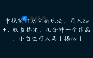 中视频计划全新玩法，月入2w+，收益稳定，几分钟一个作品，小白也可入局【揭秘】
