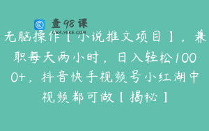 无脑操作【小说推文项目】，兼职每天两小时，日入轻松1000+，抖音快手视频号小红湖中视频都可做【揭秘】