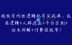 视频号线性逻辑起号实战课：底层逻辑+人群选品+平台区别+话术拆解+付费投放等！