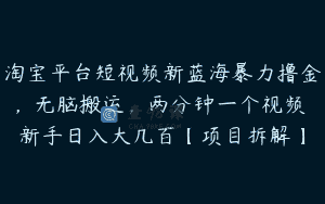 淘宝平台短视频新蓝海暴力撸金，无脑搬运，两分钟一个视频 新手日入大几百【项目拆解】