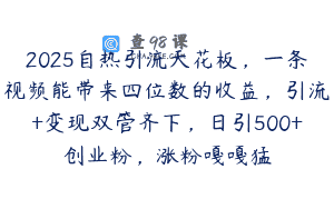 2025自热引流天花板，一条视频能带来四位数的收益，引流+变现双管齐下，日引500+创业粉，涨粉嘎嘎猛