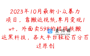 2023年10月最新小众暴力项目，靠搬运视频,单月变现1w+，外面卖598的短视频搬运黑科技，各大平台轻松百分百过原创