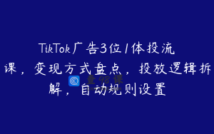 TikTok广告3位1体投流课，变现方式盘点，投放逻辑拆解，自动规则设置
