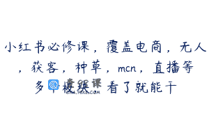 小红书必修课，覆盖电商，无人，获客，种草，mcn，直播等多个板块，看了就能干