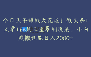 今日头条赚钱天花板！微头条+文章+视频三重暴利玩法，小白照搬也能日人2000+