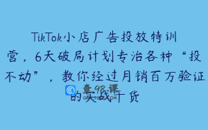 TikTok小店广告投放特训营，6天破局计划专治各种“投不动”，教你经过月销百万验证的实战干货