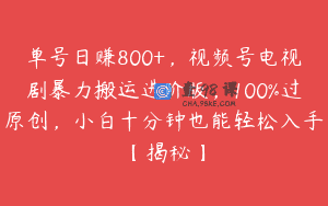 单号日赚800+，视频号电视剧暴力搬运进阶版，100%过原创，小白十分钟也能轻松入手【揭秘】