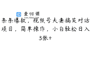 条条爆款，视频号夫妻搞笑对话项目，简单操作，小白轻松日入3张+