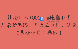 轻松日入1000+，抖音小程序最新思路，每天五分钟，适合0基础小白【揭秘】