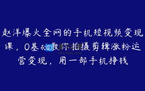 赵洋爆火全网的手机短视频变现课，0基础教你拍摄剪辑涨粉运营变现，用一部手机挣钱
