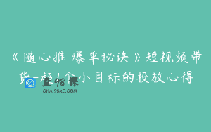 《随心推 爆单秘诀》短视频带货-超1个小目标的投放心得