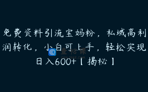 免费资料引流宝妈粉，私域高利润转化，小白可上手，轻松实现日入600+【揭秘】