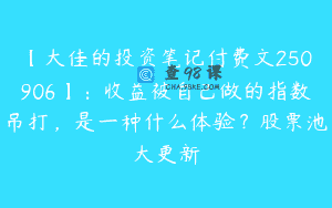 【大佳的投资笔记付费文250906】：收益被自己做的指数吊打，是一种什么体验？股票池大更新