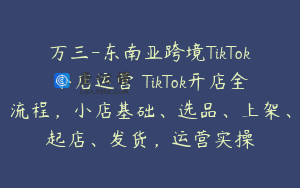 万三-东南亚跨境TikTok小店运营 TikTok开店全流程，小店基础、选品、上架、起店、发货，运营实操
