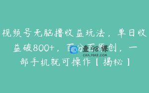 视频号无脑撸收益玩法，单日收益破800+，百分百原创，一部手机就可操作【揭秘】