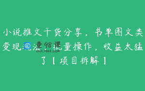 小说推文干货分享，书单图文类变现玩法，批量操作，收益太猛了【项目拆解】