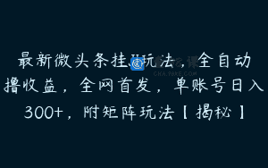 最新微头条挂JI玩法，全自动撸收益，全网首发，单账号日入300+，附矩阵玩法【揭秘】