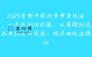 2025全新升级抖音带货玩法，一天纯利四位数，从剪辑到选品再到发布投流，超详细玩法揭秘