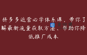 拼多多运营必学体系课，带你了解最新流量获取方法、帮助你降低推广成本