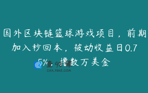 国外区块链篮球游戏项目，前期加入秒回本，被动收益日0.75%，撸数万美金