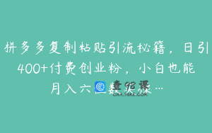 拼多多复制粘贴引流秘籍，日引400+付费创业粉，小白也能月入六位数实操…