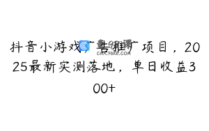 抖音小游戏广告推广项目，2025最新实测落地，单日收益300+