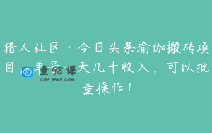猎人社区·今日头条瑜伽搬砖项目，单号一天几十收入，可以批量操作！