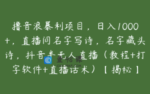 撸音浪暴利项目，日入1000+，直播间名字写诗，名字藏头诗，抖音半无人直播（教程+打字软件+直播话术）【揭秘】